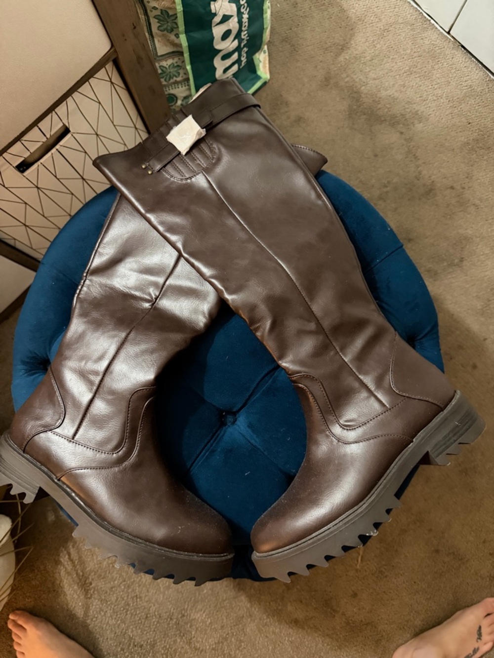 Tall Brown faux Leather Lug Sole Boots- never worn.